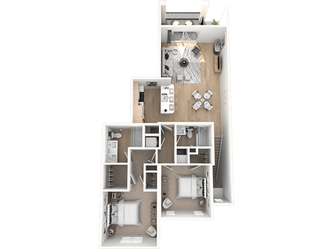 A 3D Floorplan of a 2 bedroom 2 bathroom apartment with spacious living and dining spaces, modern finishes, stainless steel appliances, and a private patio